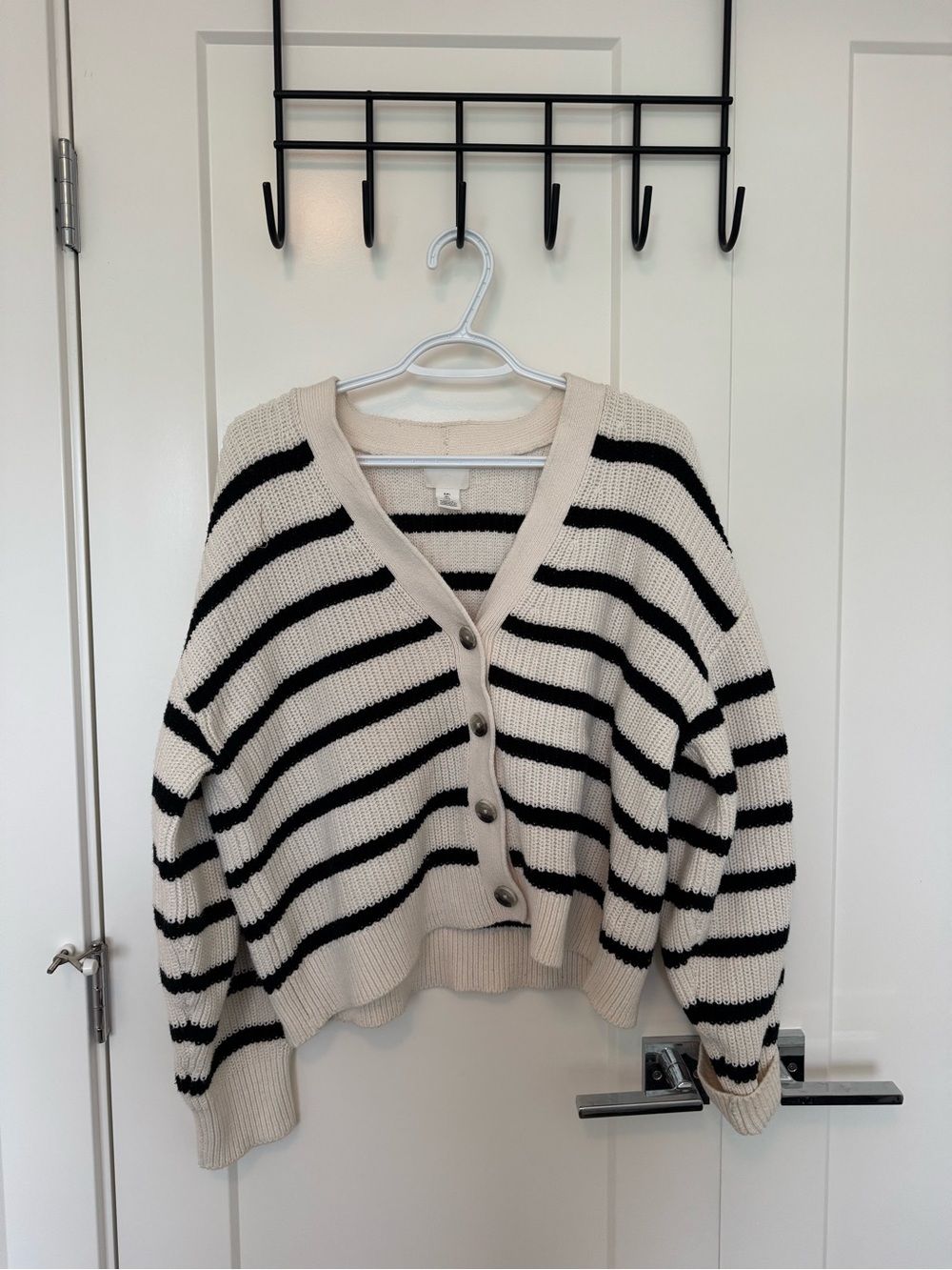 H&M Cream and Black Striped V-Neck Button Cardigan